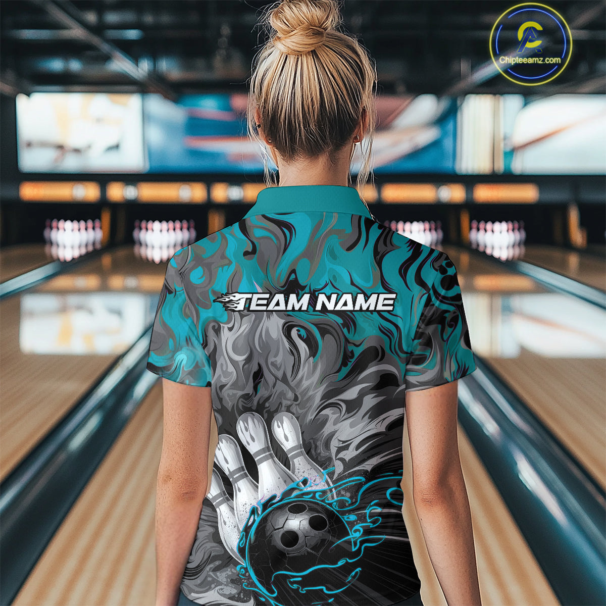 Custom Blue Fame Bowling Team Quarter-Zip Shirts For Women, Fire Bowling Jerseys IPHW9560