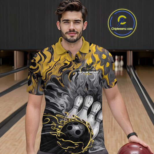 Custom Yellow Fame Bowling Team Polo Shirts For Men, Fire Bowling Jerseys IPHW9562