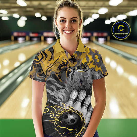 Custom Yellow Fame Bowling Team Polo Shirts For Women, Fire Bowling Jerseys IPHW9562