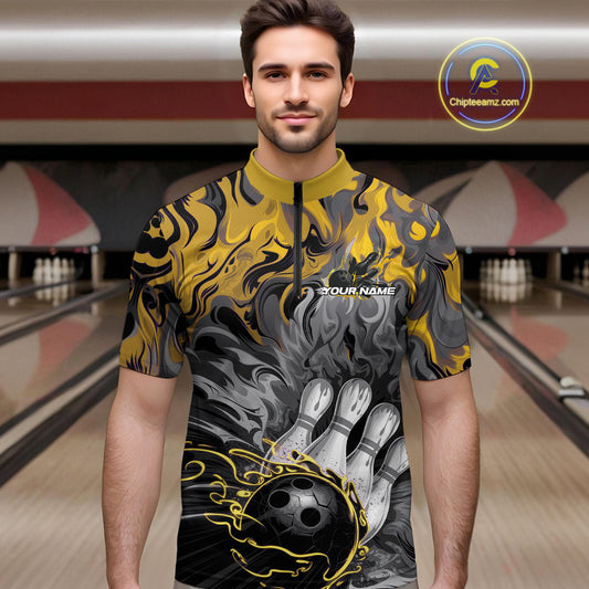 Custom Yellow Fame Bowling Team Quarter-Zip Shirts For Men, Fire Bowling Jerseys IPHW9562