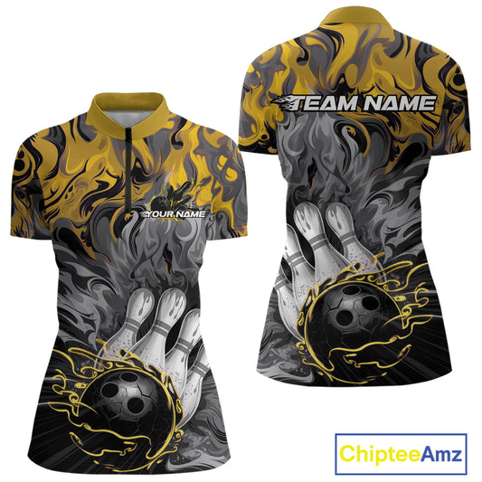 Custom Yellow Fame Bowling Team Quarter-Zip Shirts For Women, Fire Bowling Jerseys IPHW9562