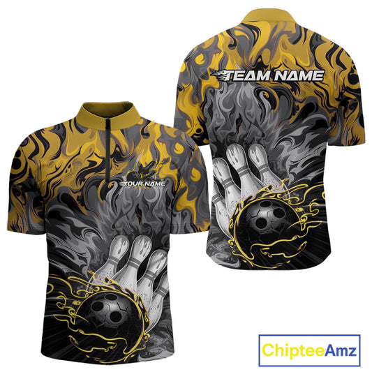 Custom Yellow Fame Bowling Team Quarter-Zip Shirts For Men, Fire Bowling Jerseys IPHW9562