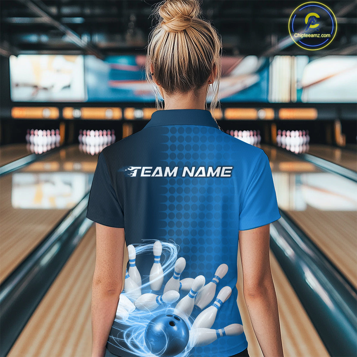 Custom Blue Flame Bowling Polo Shirts For Women, Bowling Tournament Team Shirt IPHW9407