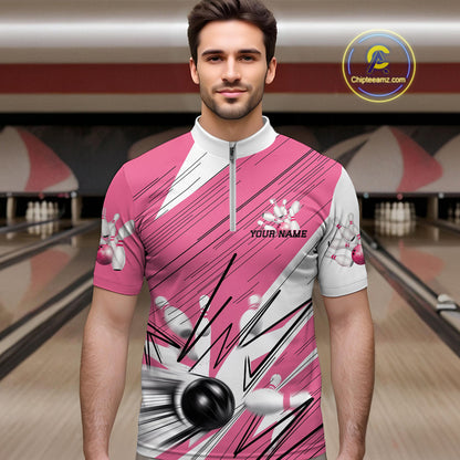 Custom White And Pink Bowling Team Men Quarter-Zip Shirts, Bowling Ball And Pins Jerseys IPHW9599