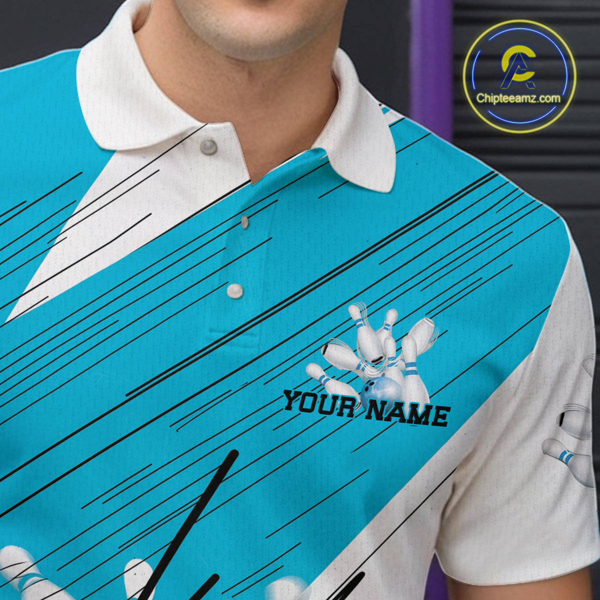Custom White And Blue Bowling Team Men Polo Shirts, Bowling Ball And Pins Jerseys IPHW9600