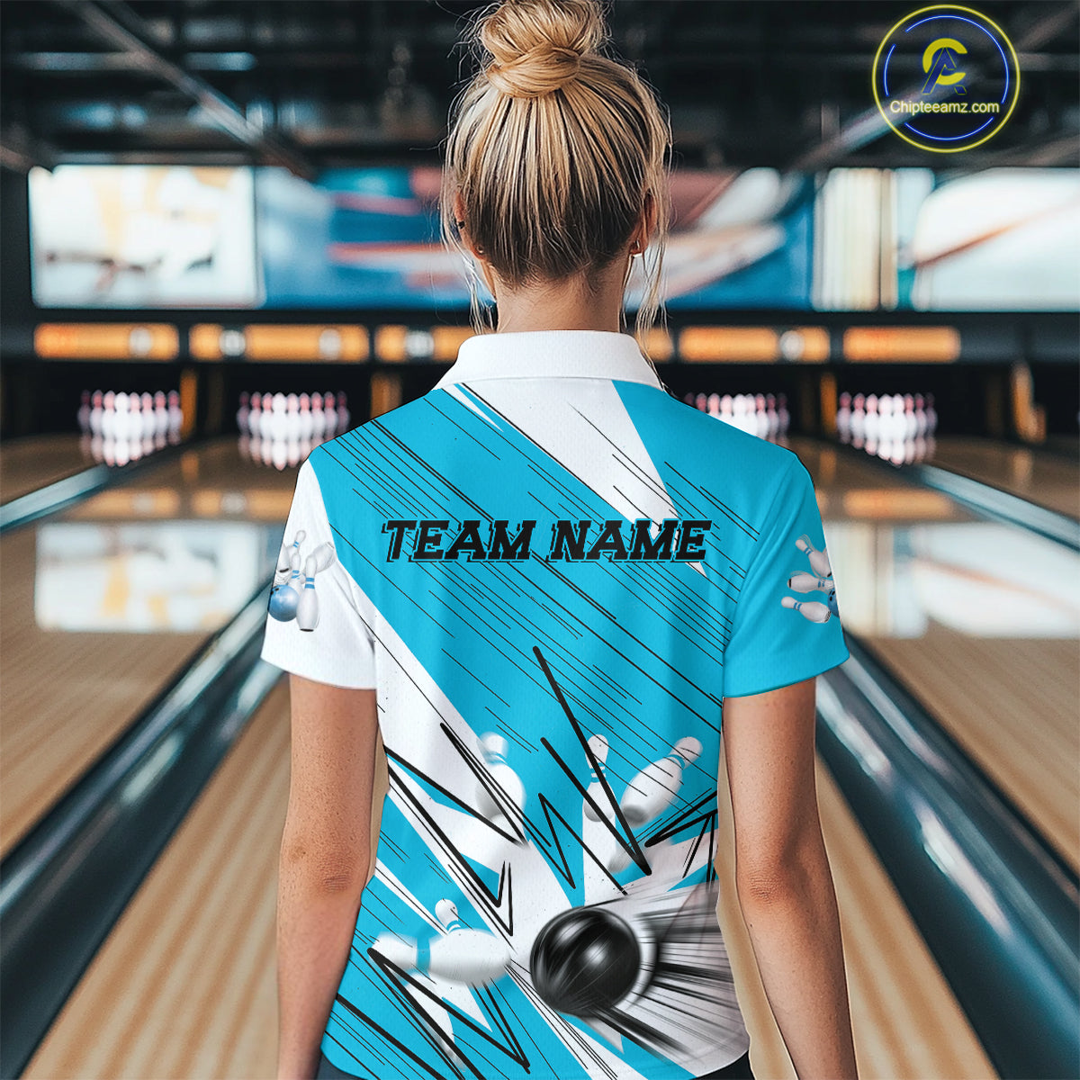 Custom White And Blue Bowling Team Women Quarter-Zip Shirt, Bowling Ball And Pins Jerseys IPHW9600