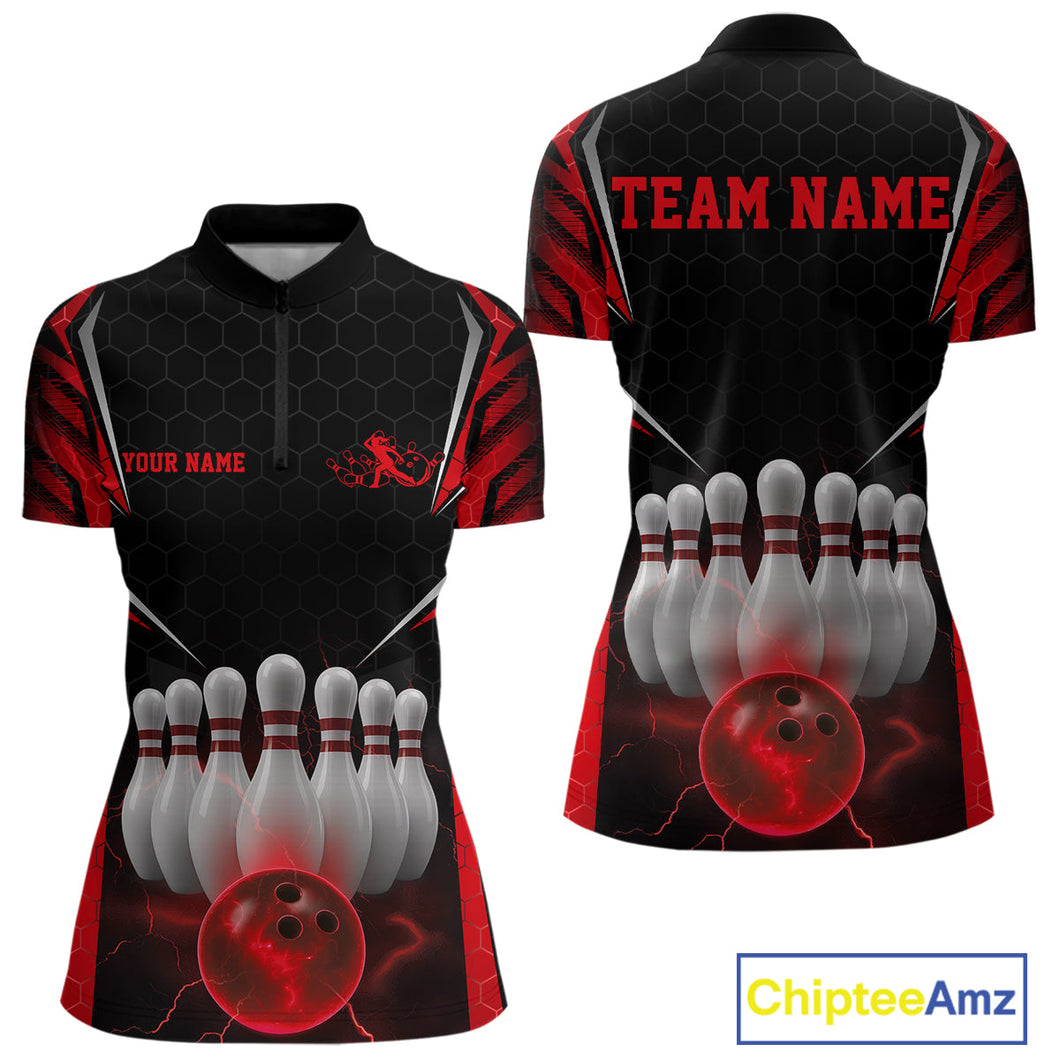 Custom Black And Red Bowling Team Jerseys, Bowler Uniform Bowling Women Quarter-Zip Shirt IPHW9283