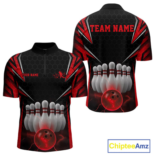 Custom Black And Red Bowling Team Jerseys, Bowler Uniform Bowling Quarter-Zip Shirts For Men IPHW9283
