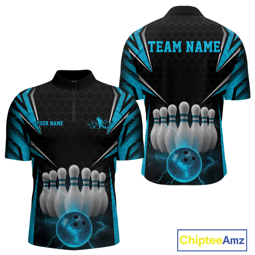 Custom Black And Blue Bowling Team Jerseys, Bowler Uniform Bowling Quarter-Zip Shirts For Men IPHW9284