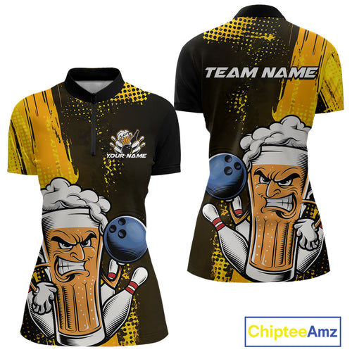 Custom Black And Yellow Funny Bowling And Beer Team Women Quarter-Zip Shirt IPHW9606