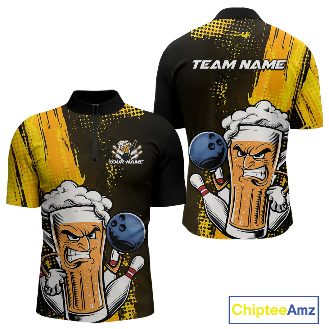 Custom Black And Yellow Funny Bowling And Beer Jerseys, Bowling Team Men Quarter-Zip Shirts IPHW9606