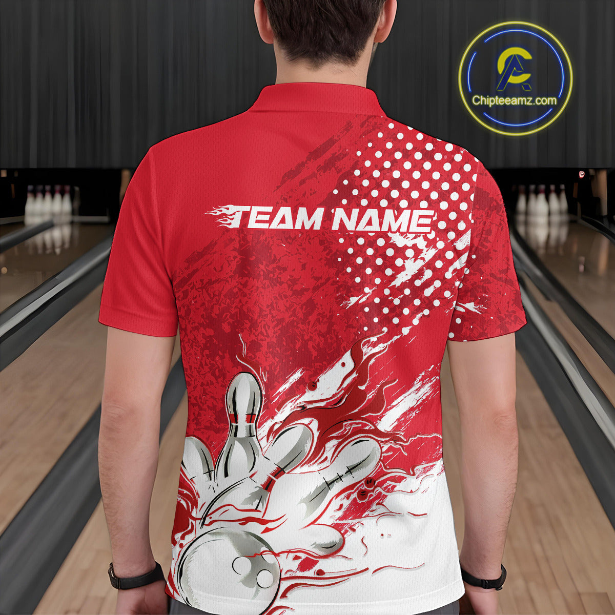 Custom White And Red Bowling Team Polo Shirts For Men, Flame Bowling Jerseys Team Shirt IPHW9618