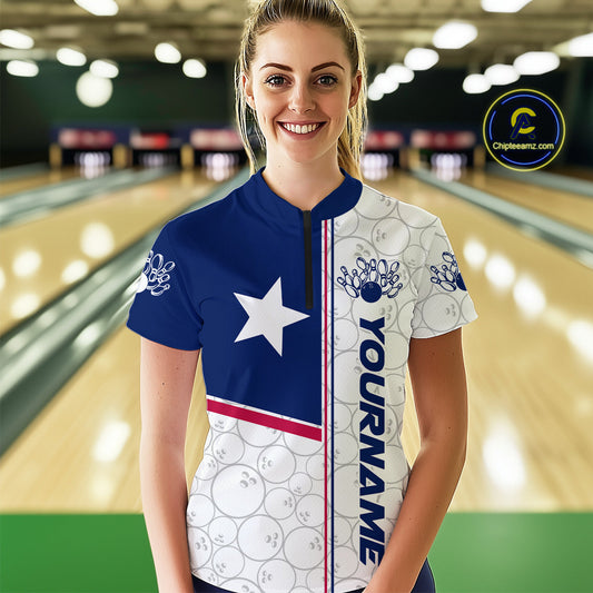 Custom Texas Flag Bowling Women Quarter-Zip Shirts, Texas Bowling League Shirt Team IPHW9631
