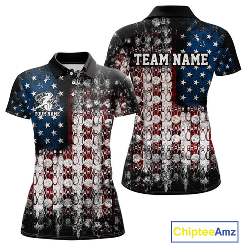 Custom Patriotic US Flag Bowling Women Polo Team Shirts, American Bowling League Shirt IPHW9325