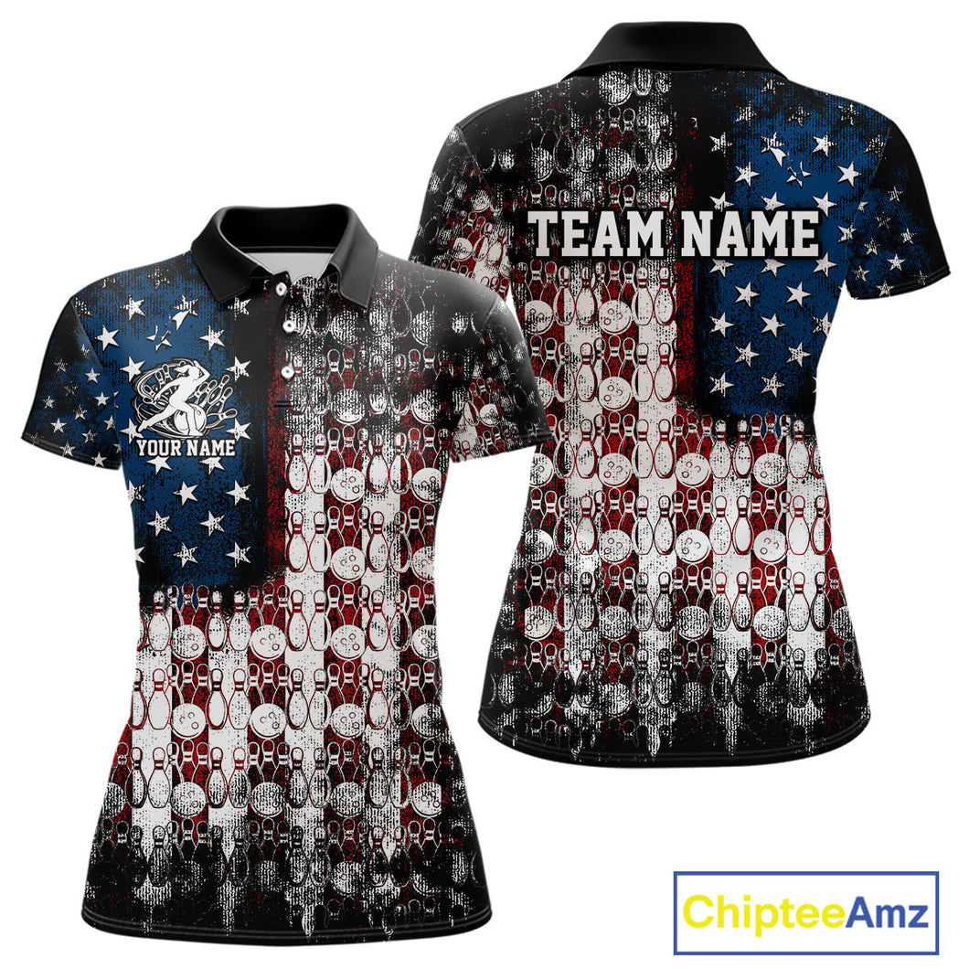 Custom Patriotic US Flag Bowling Women Polo Team Shirts, American Bowling League Shirt IPHW9325