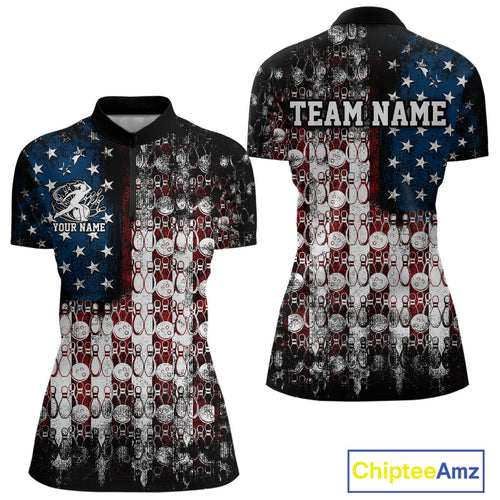 Custom Patriotic US Flag Bowling Women Quarter-Zip Team Shirt, Bowling League Shirt IPHW9325
