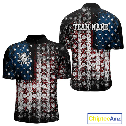Custom Patriotic US Flag Bowling Men Quarter-Zip Team Shirts, American Bowling League Shirt IPHW9325