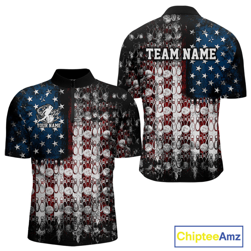 Custom Patriotic US Flag Bowling Men Quarter-Zip Team Shirts, American Bowling League Shirt IPHW9325
