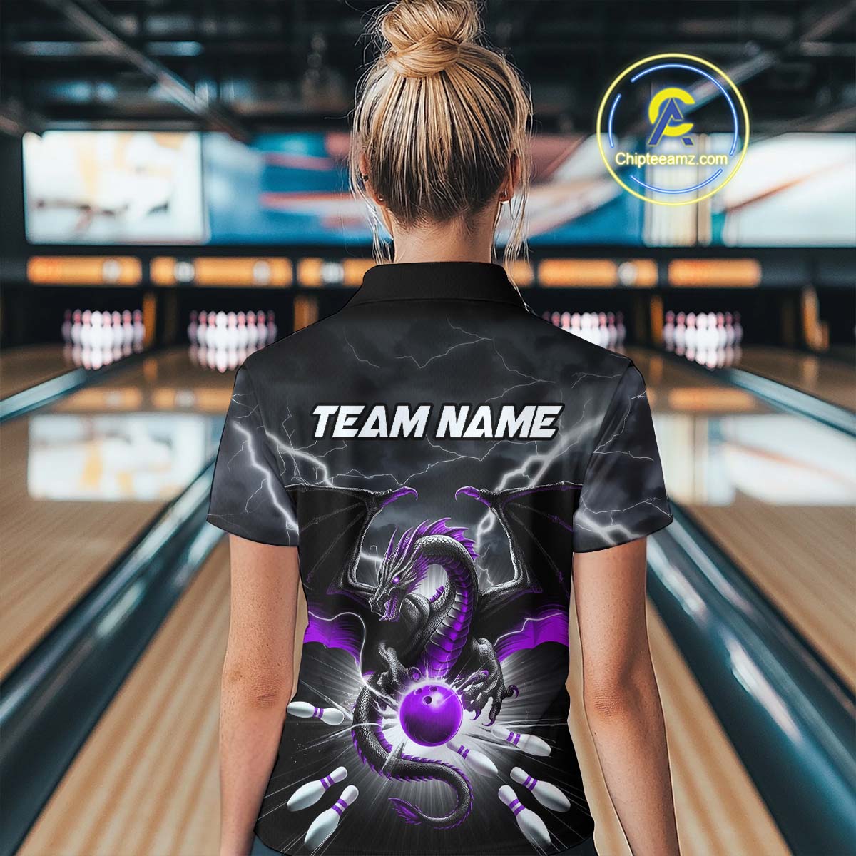 Custom Thunder Lightning Purple Dragon Bowling Team Polo Shirt For Women, Bowling Jerseys IPHW9112