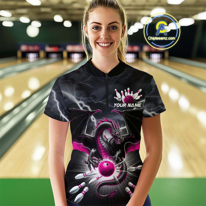 Custom Thunder Lightning Pink Dragon Bowling Women Quarter-Zip Shirts, Bowling Jerseys IPHW9113