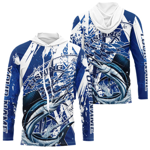 Custom Blue Camo Sailfish Saltwater Fishing Long Sleeve Hooded Performance Fishing Shirts IPHW9158