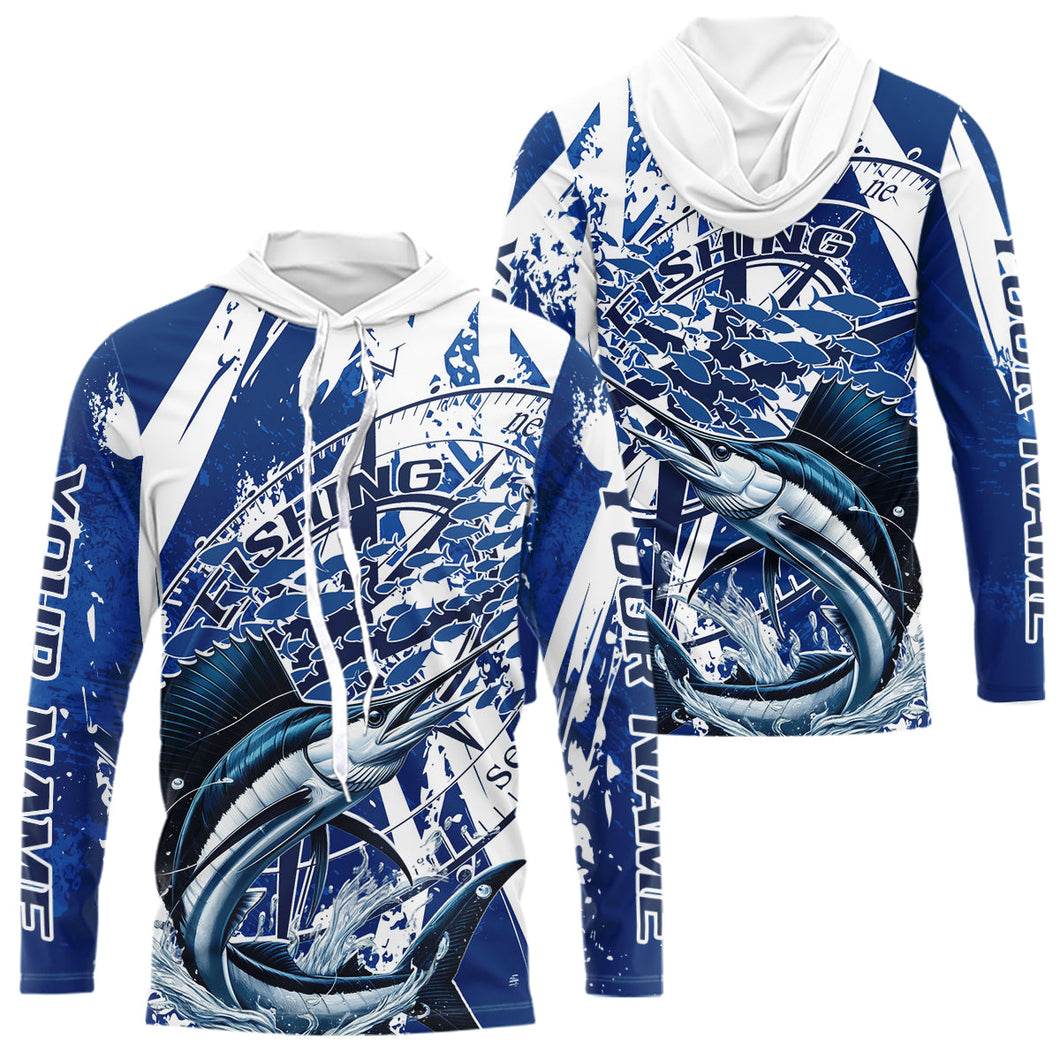 Custom Blue Camo Sailfish Saltwater Fishing Long Sleeve Hooded Performance Fishing Shirts IPHW9158