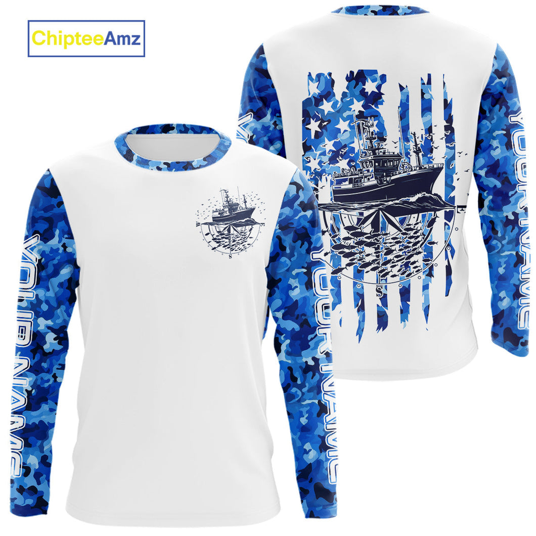 Custom Blue Camo Patriotic Saltwater Long Sleeve Performance Fishing Shirt, Deepsea Fishing Shirt IPHW9164