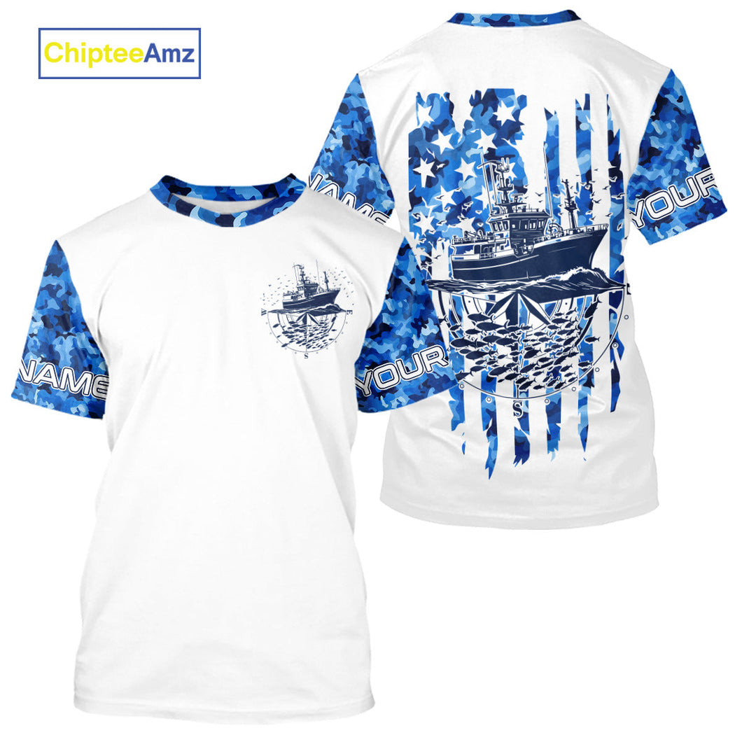 Custom Blue Camo Patriotic Saltwater Performance Fishing T-Shirts, Deepsea Fishing T-Shirt IPHW9164