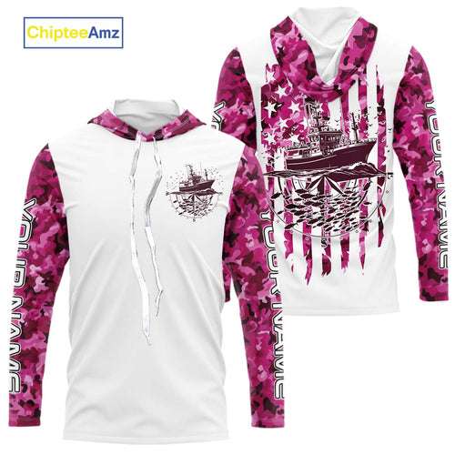 Custom Pink Camo Patriotic Saltwater Long Sleeve Hooded Fishing Shirts, Deepsea Fishing Shirt IPHW9165