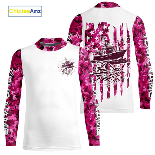 Custom Pink Camo Patriotic Saltwater Kid Long Sleeve Fishing Shirts, Deepsea Fishing Shirt IPHW9165
