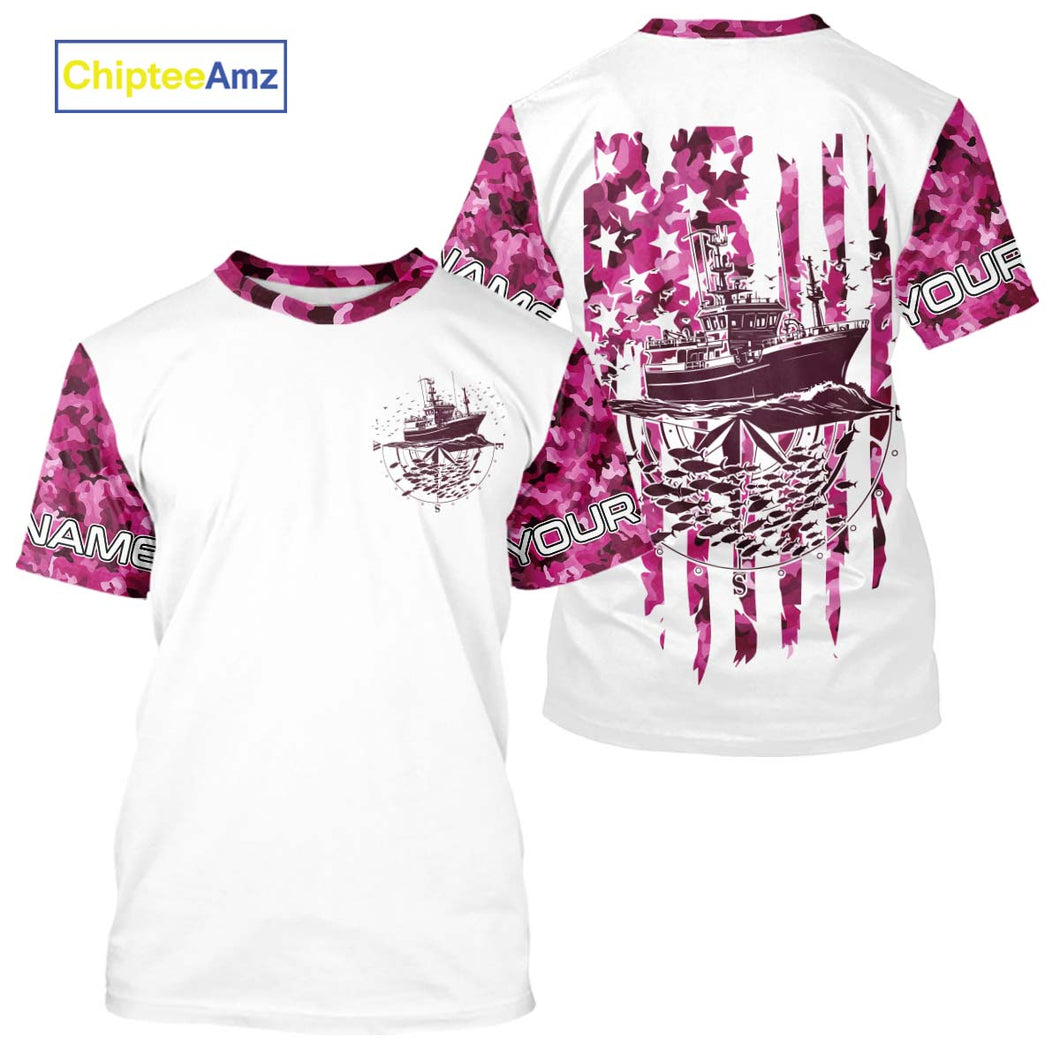Custom Pink Camo Patriotic Saltwater Performance Fishing T-Shirts, Deepsea Fishing T-Shirt IPHW9165