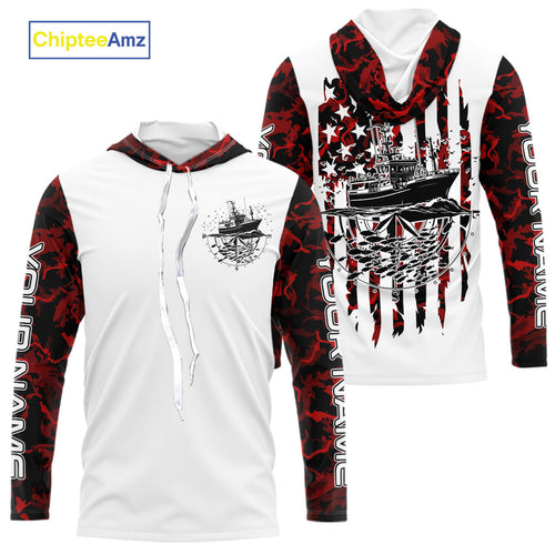 Custom Red Camo Patriotic Saltwater Long Sleeve Hooded Fishing Shirts, Deepsea Fishing Shirt IPHW9166