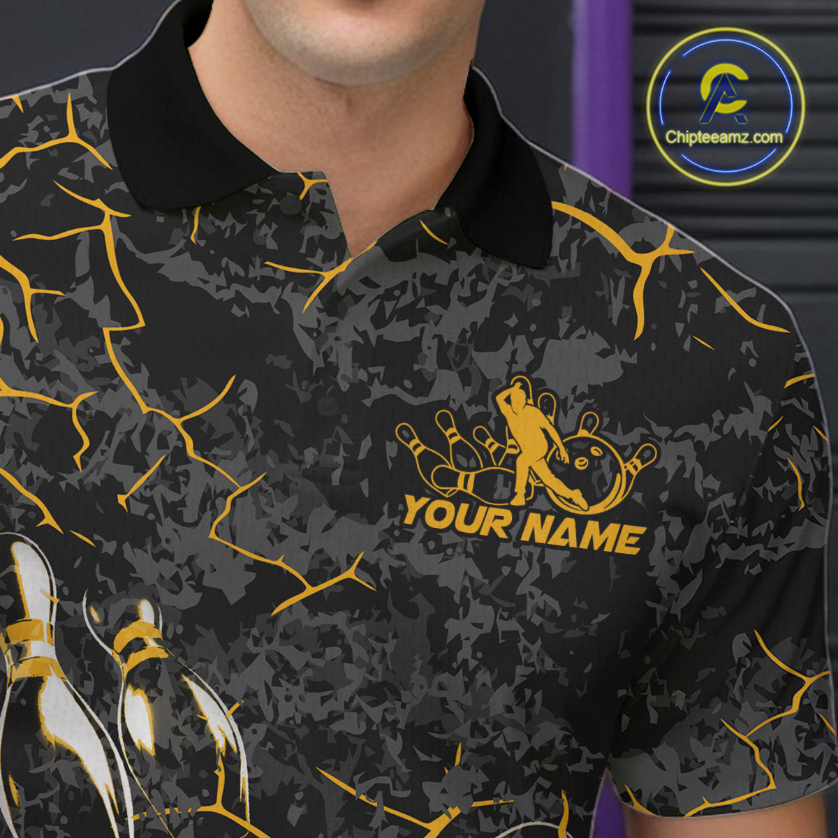 Custom Black And Yellow Camo Bowling Team Polo Shirts For Men, Bowling League Shirt IPHW9371