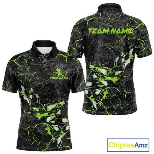 Custom Black And Green Camo Bowling Team Polo Shirts For Men, Bowling League Shirt IPHW9372