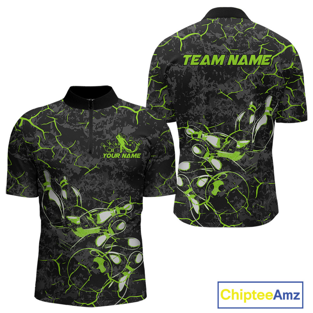 Custom Black And Green Camo Bowling Team Quarter-Zip Shirts For Men, Bowling League Shirt IPHW9372