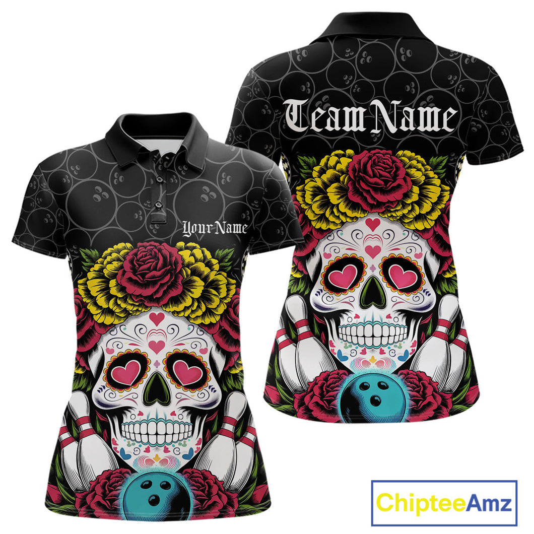 Custom Flower Sugar Skull Bowling Team Polo Shirts For Women, Halloween Bowler Outfit IPHW9750