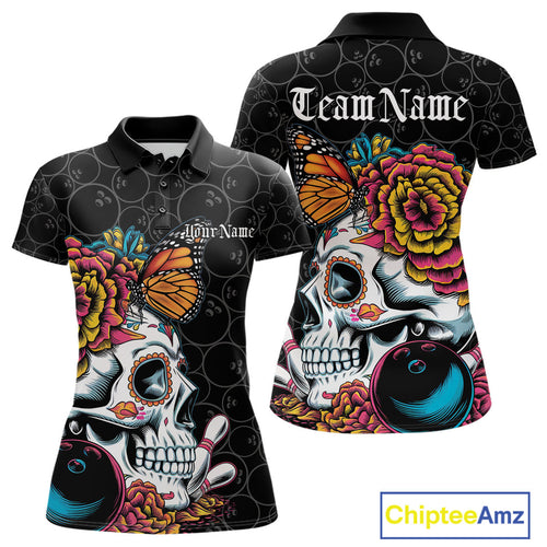 Custom Colorful Sugar Skull Bowling Team Polo Shirts For Women, Halloween Bowler Outfit IPHW9751