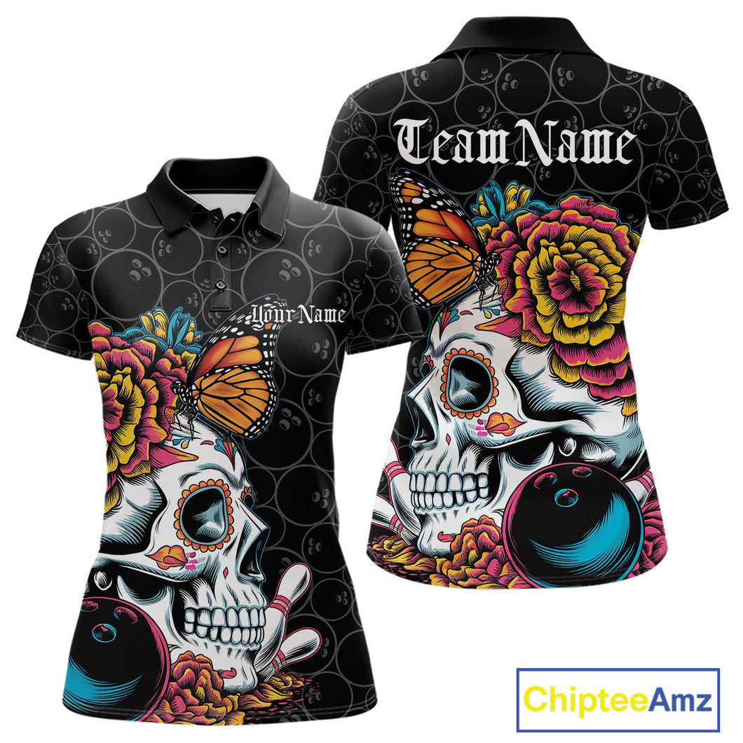Custom Colorful Sugar Skull Bowling Team Polo Shirts For Women, Halloween Bowler Outfit IPHW9751