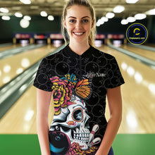 Load image into Gallery viewer, Custom Colorful Sugar Skull Bowling Team Women Quarter-Zip Shirt, Halloween Bowler Outfit IPHW9751