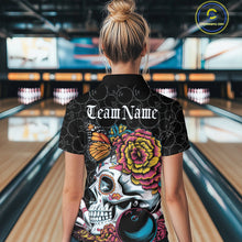 Load image into Gallery viewer, Custom Colorful Sugar Skull Bowling Team Women Quarter-Zip Shirt, Halloween Bowler Outfit IPHW9751
