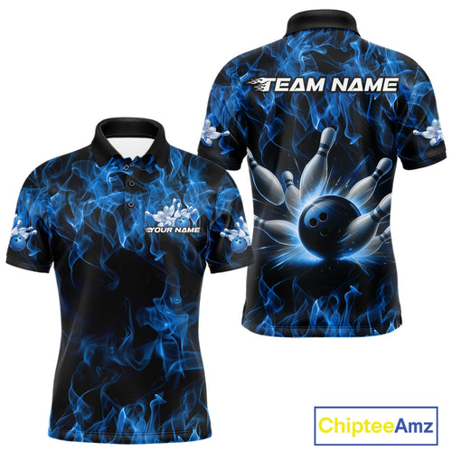 Custom Black And Blue Flame Bowling Team Men Polo Shirts, Bowling Tournament Shirt IPHW9754