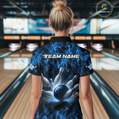 Custom Black And Blue Flame Bowling Women Quarter-Zip Shirts, Bowling Tournament Shirt IPHW9754