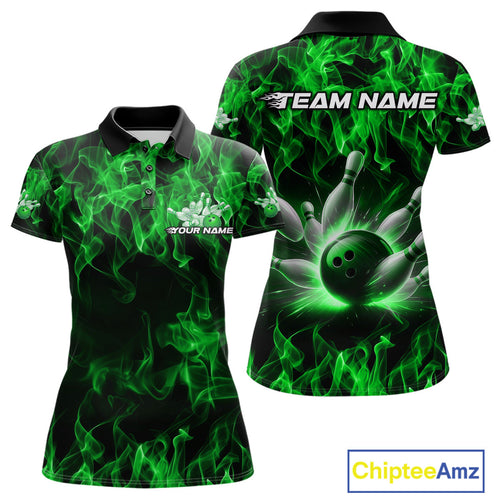 Custom Black And Green Flame Bowling Team Women Polo Shirts, Bowling Tournament Shirt IPHW9755