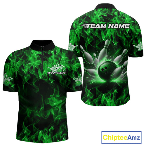 Custom Black And Green Flame Bowling Team Men Quarter-Zip Shirts, Bowling Tournament Shirt IPHW9755