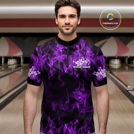 Custom Black And Purple Flame Bowling Team Men Quarter-Zip Shirts, Bowling Tournament Shirt IPHW9756