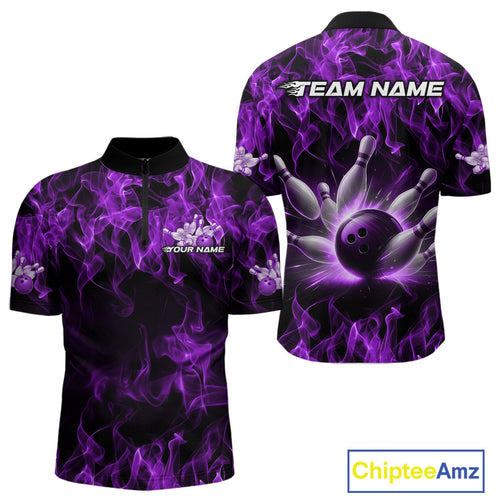 Custom Black And Purple Flame Bowling Team Men Quarter-Zip Shirts, Bowling Tournament Shirt IPHW9756