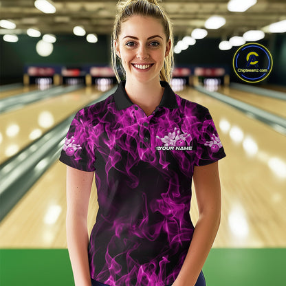 Custom Black And Pink Flame Bowling Team Women Polo Shirts, Bowling Tournament Shirt IPHW9757