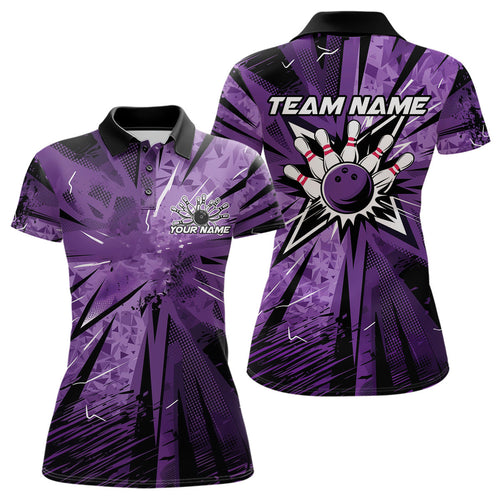 Custom Black And Purple Camouflage Bowling Team Women Polo Shirts, Bowling League Shirt IPHW9383
