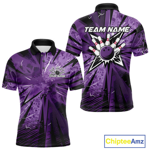 Custom Black And Purple Camouflage Bowling Team Polo Shirts For Men, Bowling League Shirt IPHW9383