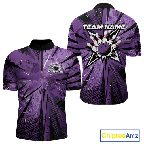 Custom Black And Purple Camouflage Bowling Team Quarter-Zip Shirts For Men, Bowling League Shirt IPHW9383